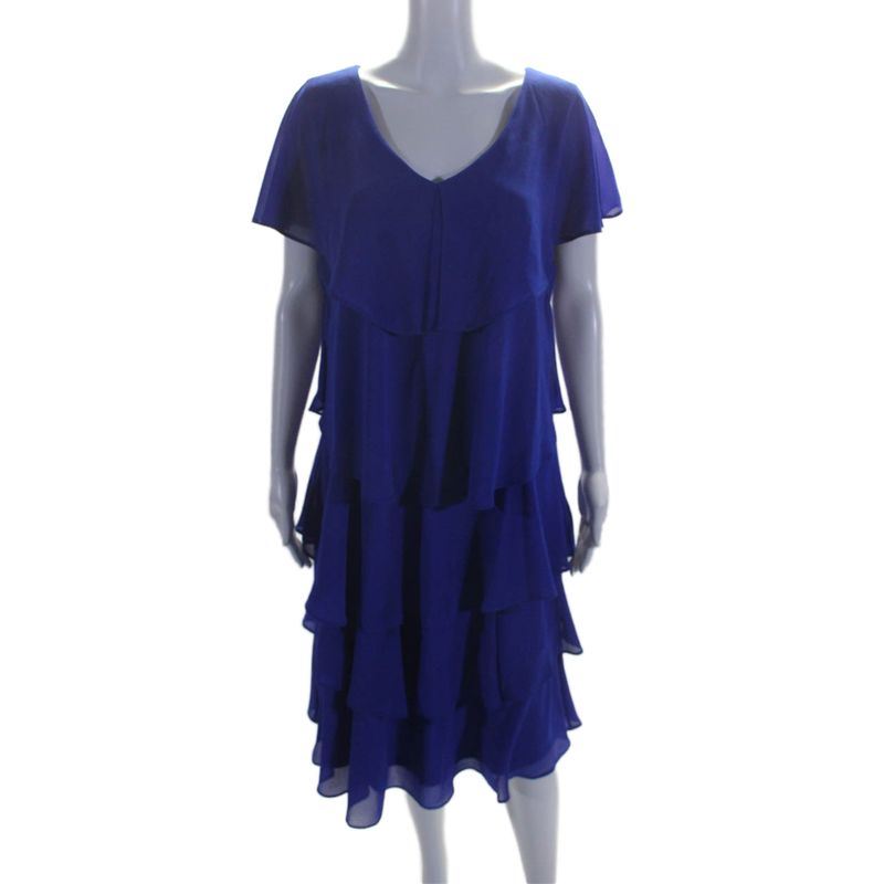 Compli K Womens Sleeveless V-Neck Ruffle Tier Mid Length Dress Royal Blue Size S